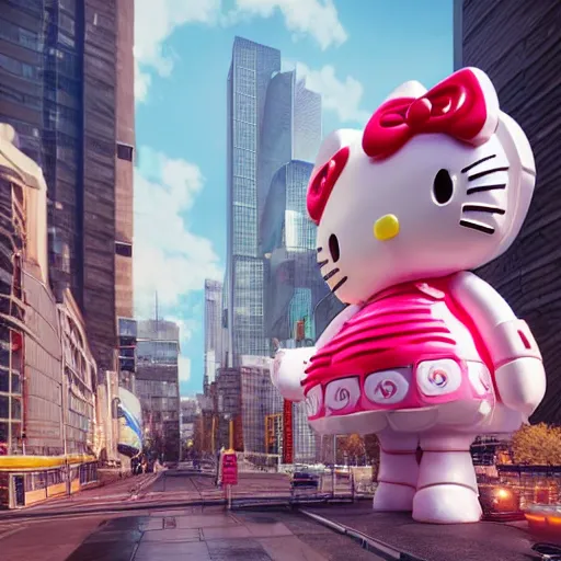 Image similar to a beautiful hyperrealistic ultradetailed 3D render of a humongous hello kitty themed mecha standing in the city, by brian sum and stephen martiniere and Antonio Manzanedo. mech, dragon, unreal engine, octane render, PBR, 3D, brilliantly colored, intricate, wide angle, volumetric lighting, polished, path tracing