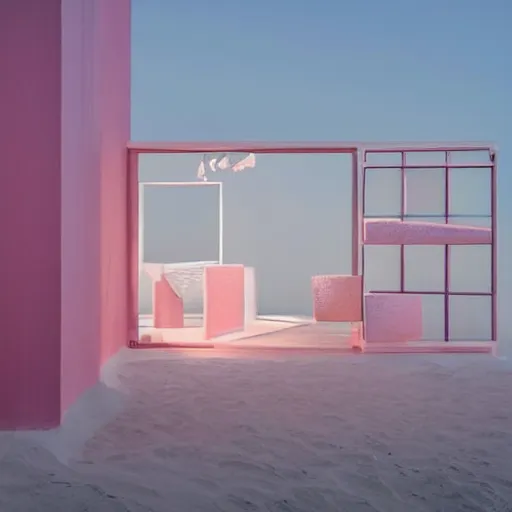 Image similar to An ultra high definition, professional photograph of an outdoor partial IKEA showroom inspired sculpture located on a pastel pink beach ((with pastel pink, dimpled sand where every item is pastel pink. )) The sun can be seen rising through a window in the showroom. The showroom unit is outdoors and the floor is made of dimpled sand. Morning time indirect lighting with on location production lighting on the showroom. In the style of wallpaper magazine, Wes Anderson.