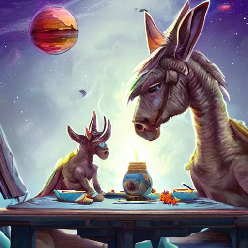 Image similar to zoom out, ultrarealistic, ultradetailed, war donkey eating breakfast, sitting on a futuristic table with aliens, at the end of the universe, very very very ultradetailed, epic fantasy style art, fantasy epic digital art, epic fantasy art, hearthstone style art, pathfinder, dungeons and dragons, floral, planets, stars, galaxies, highlights, organic, concept art