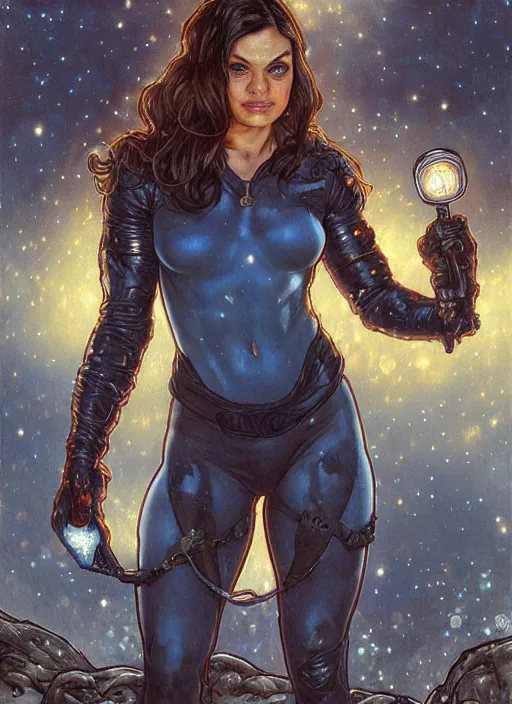Image similar to epic muscled Mila Kunis as Catwoman walking out of a deep dark cave, puffy warm wooly clothing,stormy snowy winter, blue fireflies, nebula background, torches, fantasy, intricate, elegant, highly detailed, tasteful art by artgerm and donato giancola and alphonse mucha, WLOP