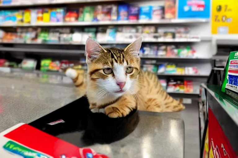 Image similar to cat on the counter in 7 - eleven next to a pack of cigarettes wide angle lens