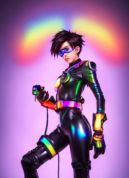 Image similar to full body overwatch style oil painting portrait of tracer overwatch, confident pose, wearing black iridescent rainbow latex, rainbow, neon, 4 k, expressive surprised expression, makeup, wearing black choker, studio lighting, black leather harness, expressive detailed face and eyes,