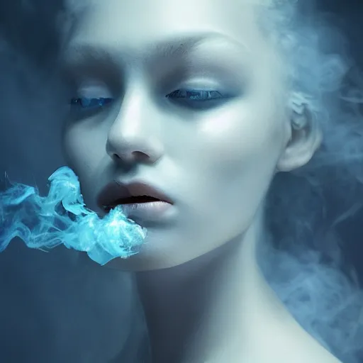 Image similar to A beautiful form made of pale blue smoke in the style of Aldo Katayanagi + Thick Milky Smoke + Mother Of Pearl +Milk and ink+ Creamy smoky Elements + Moody Cinematic Lighting + Deep Shadows + Hyper Realistic + Intricate Eldritch tendrils + 8K portrait + fluid dynamics