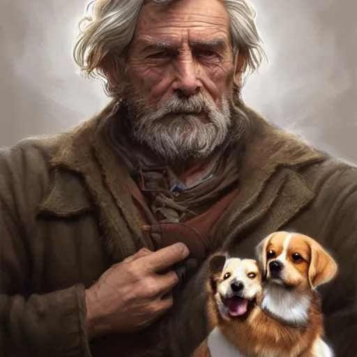 Image similar to portrait of a old, ruggedly handsome man holding a corgi dog, soft hair, muscular, half body, cloth, hairy, d & d, fantasy, intricate, elegant, highly detailed, digital painting, artstation, concept art, smooth, sharp focus, illustration, art by artgerm and greg rutkowski and alphonse mucha