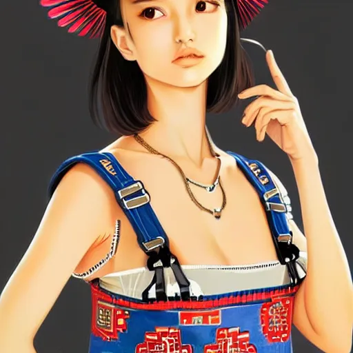 Image similar to a beautiful young japanese natalie portman alluring gravure model, wearing elaborate elegant designer overalls, elegant overalls with mesoamerican patterns, mesoamerican native street fashion, by akira toriyama and wlop and ilya kuvshinov and artgerm and, aesthetic, gorgeous, stunning, alluring, attractive, artstation, deviantart, pinterest, digital art