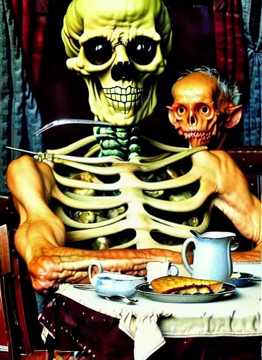 Prompt: a realistic painting of skeletor sitting at the breakfast table by norman rockwell, americana, high quality