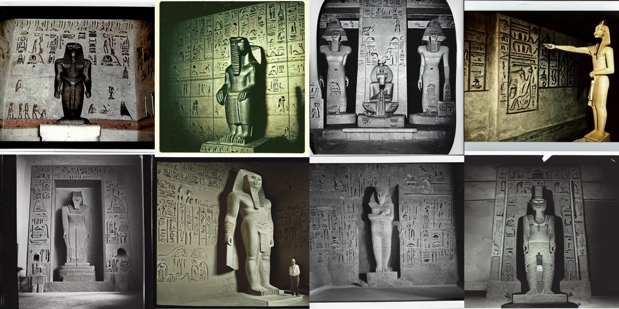Prompt: old polaroid from 1 9 5 2 depicting an statue of godzilla, standing in an egyptian treasure chamber, hieroglyphs on wall