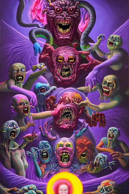 Image similar to a hyperrealistic painting of the epic final boss fight against mega grandma, cinematic horror by chris cunningham, lisa frank, richard corben, highly detailed, vivid color,