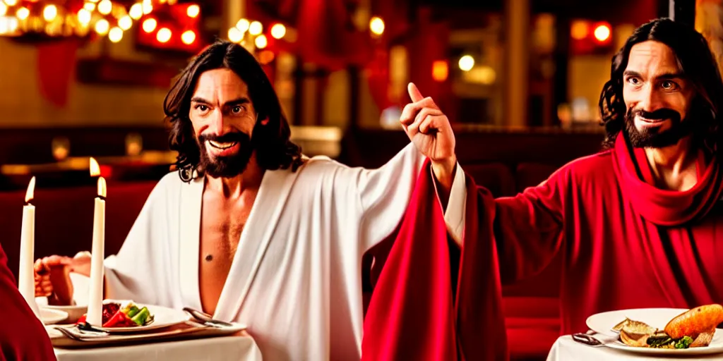 Image similar to jesus christ in a robe and red scarf, in a restaurant, on a date, yelling at a waiter