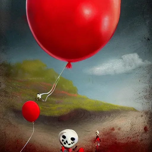 Image similar to grunge cartoon landscape painting of bilie eilish with a wide smile and a red balloon by - michal karcz, loony toons style, pennywise style, horror theme, detailed, elegant, intricate