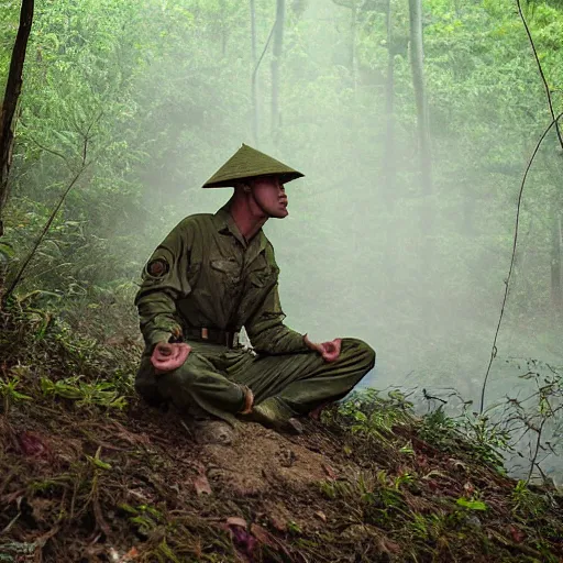 Image similar to us soldier in vietnam era clothes, meditating above the ground in a dense jungle, eyes are bright lights, mystical fog surrounds them, spooky