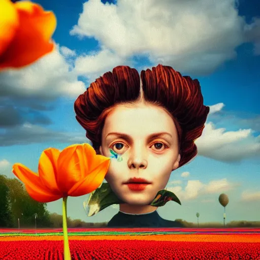 Image similar to dutch girl with one giant tulip as a face, surreal photography, flower field, sunset dramatic light, impressionist painting, colorful clouds, blue sky, digital painting, artstation, simon stalenhag