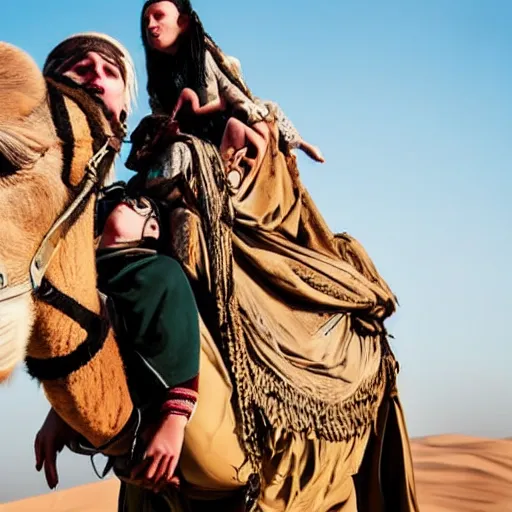 Image similar to close up shot of billie eilish riding a camel