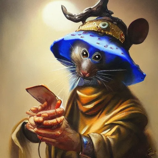 Prompt: fantasy painting of a fortune teller rat, Tony Sart, mysterious, acrylic