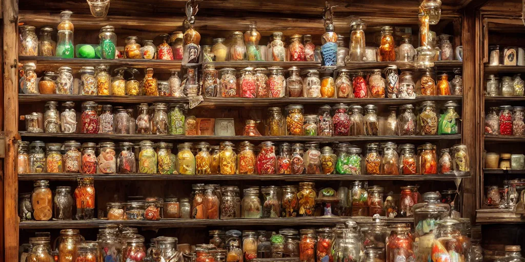 Image similar to Inside an old sweet shop, large jars on shelves, beautiful labels, fantasy vendor interior, wide angle, cinematic, highly detailed, photorealistic, rich bright colors, trending on artstation