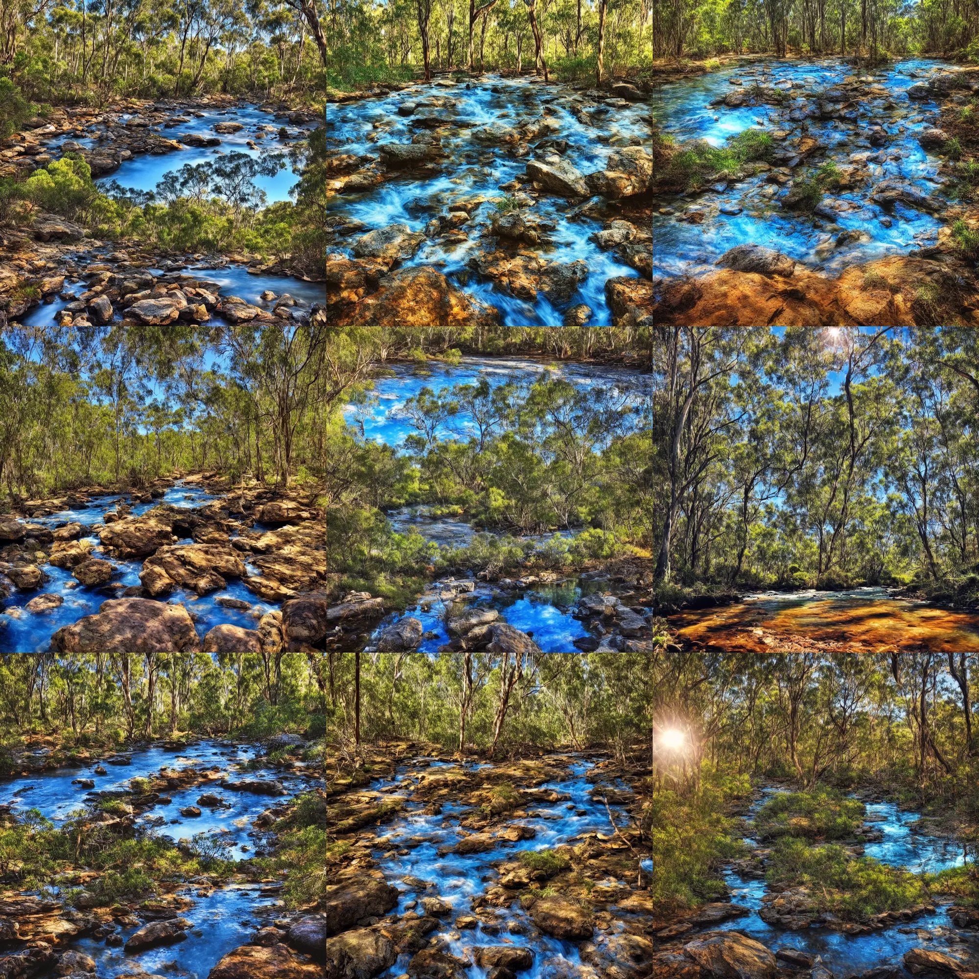 Prompt: Beautiful photo of a creek in an Australian forest, lovely blue sky with minimal clouds, trees in the background, aussie, rocks in the foreground, golden hour photography, instagram story, shot on iphone