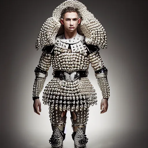 Prompt: a portrait of a beautiful young male wearing an alexander mcqueen armor made of pearls , photographed by andrew thomas huang, artistic