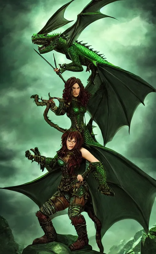 Image similar to epic fantasy dungeons and dragons scene, female halfling rogue, dragonrider, flying on top of a green dragon, green dragon, waterdeep, black hair, rogue, fantasy, red leather corset, cinematic, beautiful lighting, heroic, digital art, sky, mountain