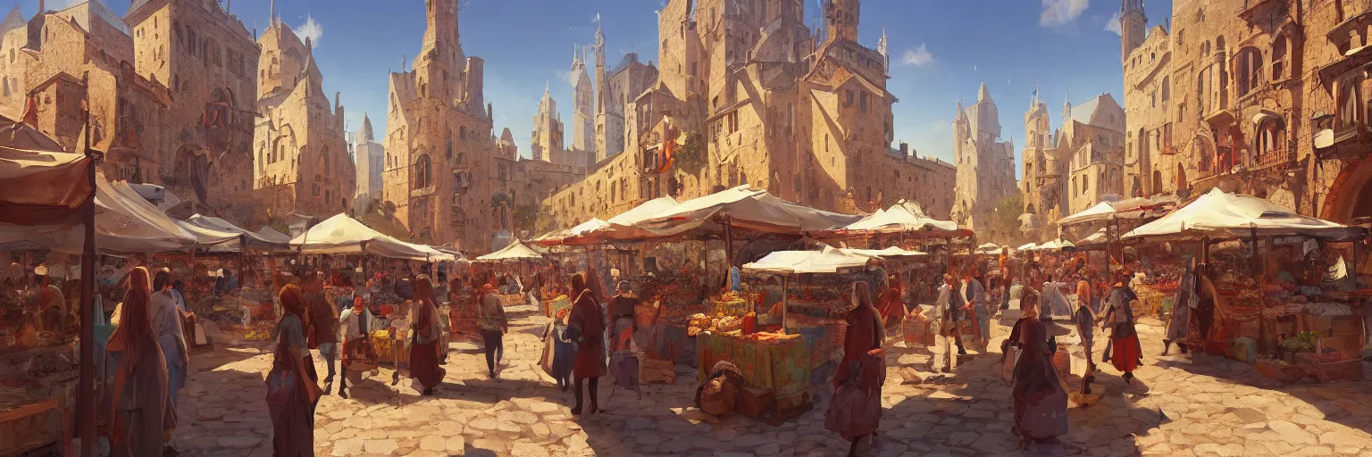 Image similar to a busy medieval Mediterranean street market in the style of Sylvain Sarrailh, beautiful digital art, cinematic composition, detailed, concept art, Matt painting, oil painting, high res