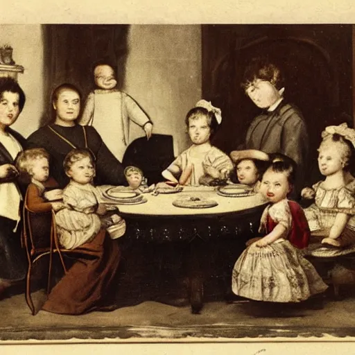 Image similar to an image of a large traditional family sitting around the table for dinner but one of the kids is floating above the table.