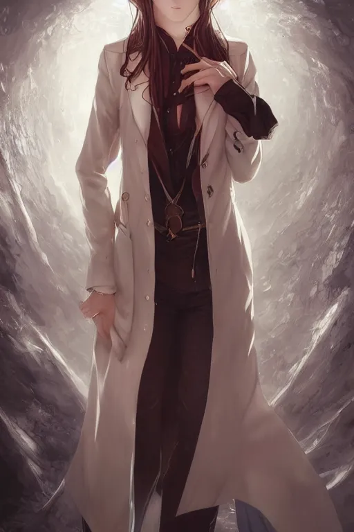 Image similar to highly detailed portrait of makise kurisu from steins gate, labcoat, fantasy art by artgerm, tom bagshaw, charlie bowater, detailed and intricate environment, trending on artstation