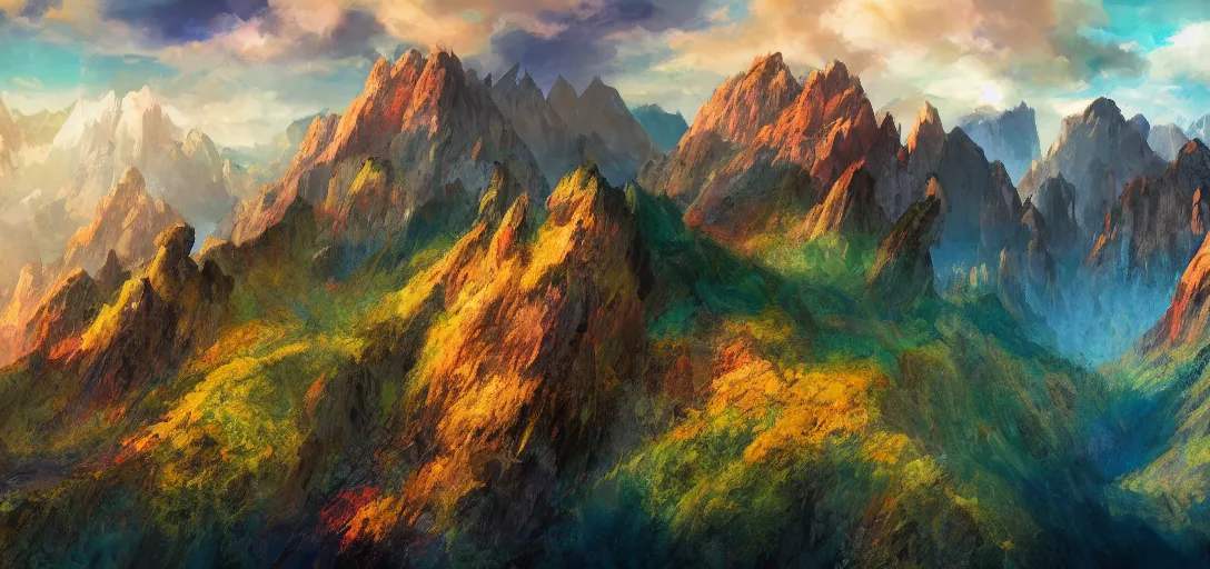 Prompt: vast mountain landscape, craggy mountains, magic the gathering, three - colors, three - color color palette, panoramic, wide angle, horizon, highly detailed