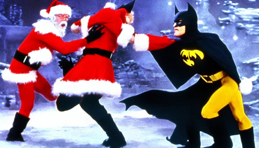 Image similar to santa claus fighting michael keaton batman. Film screencap, epic lighting, award winning