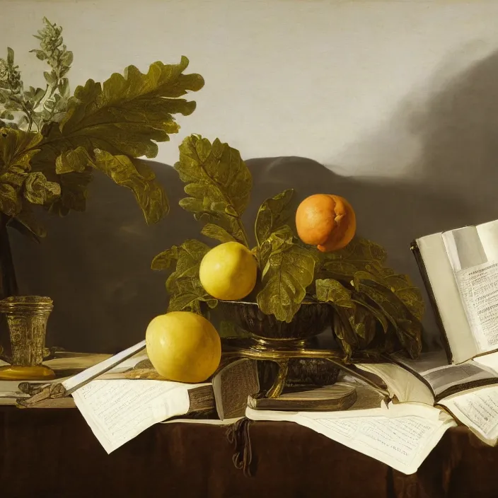 Prompt: still life painting of large book and greenery by pieter claesz, oil on canvas, strong lighting, highly detailed, hyper realism, golden hour, god rays, hd, 4 k