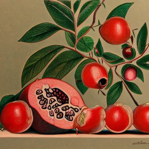 Image similar to a beautiful ultradetailed tattoo drawing of a still life with an open pomegranate in naïve art style by henry rousseau, trending on art station, 4K