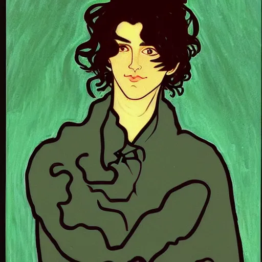 Prompt: painting of young cute handsome beautiful dark medium wavy hair man in his 2 0 s named shadow taehyung at the halloween pumpkin matcha party, straight nose, depressed, melancholy, autumn, elegant, clear, painting, stylized, delicate, soft facial features, delicate facial features, soft art, art by alphonse mucha, vincent van gogh, egon schiele