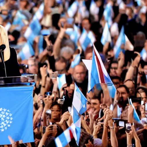 Image similar to Lady Gaga as president, Argentina presidential rally, Argentine flags behind, bokeh, giving a speech, detailed face, Argentina