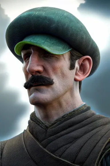 Image similar to very very intricate photorealistic photo of a realistic human version of luigi wearing his hat in an episode of game of thrones, photo is in focus with detailed atmospheric lighting, award - winning details