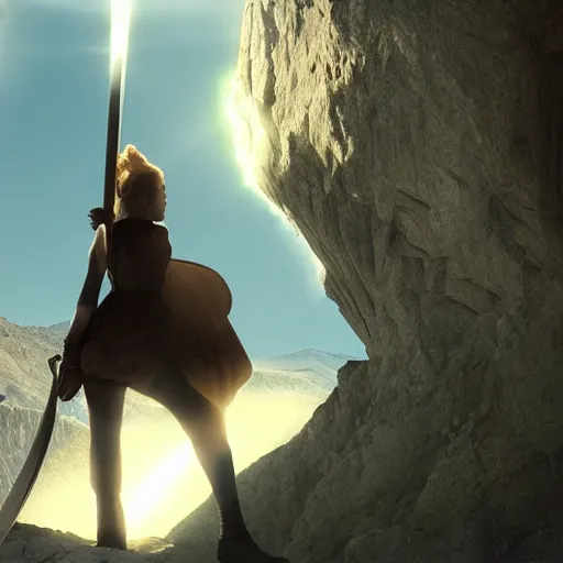 Image similar to a woman with a sword standing in front of a mountain, a character portrait by René Auberjonois, trending on cgsociety, photorealism, reimagined by industrial light and magic, #vfxfriday, anamorphic lens flare