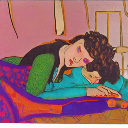 Image similar to rocker goth teen girl with black lace boots laying on her stomach on the floor, writing on a journal. 1970s colorful psychedelic bedroom. Trippy colors. Stylized. Egon schiele. Moscoso