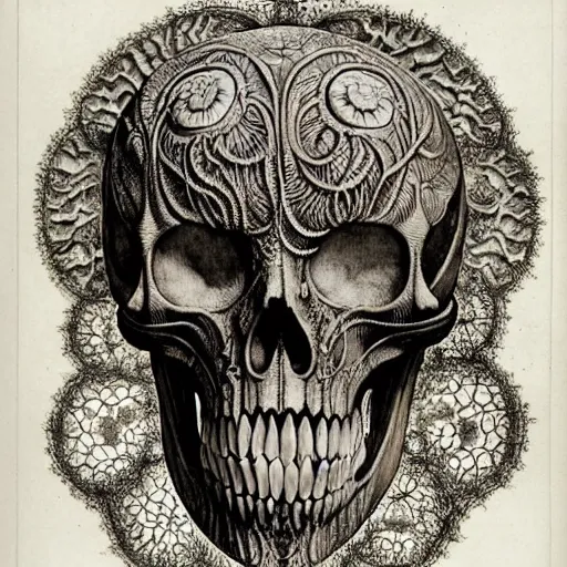 Image similar to memento mori by arthur rackham, art forms of nature by ernst haeckel, exquisitely detailed, art nouveau, gothic, ornately carved beautiful skull mask dominant, intricately carved antique bone, art nouveau botanicals, ornamental bone carving, art forms of nature by ernst haeckel, horizontal symmetry, ernst haeckel, symbolist, visionary