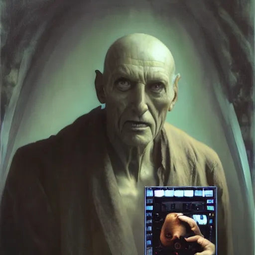 Image similar to hyperrealist portrait of an ancient old alien man with large cruel intelligent eyes and a huge head standing in front of a computer interface by jeremy mann and alphonse mucha and alan lee, fantasy art, photo realistic, dynamic lighting, artstation, poster, volumetric lighting, very detailed faces, award winning, full face, symmetry