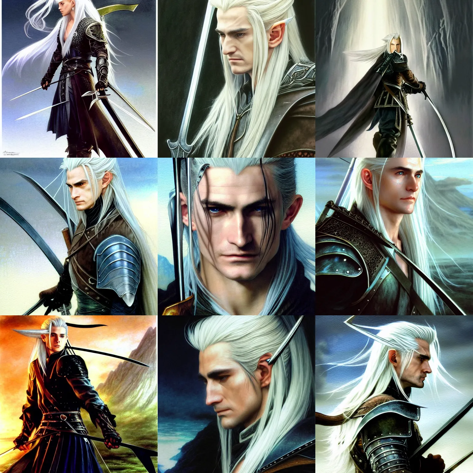 Prompt: Sephiroth as Legolas by Alan Lee by Alan Lee, (golden hour), short brown hair, final fantasy, d&d, spell casting, highly detailed, digital painting, artstation, concept art, smooth, sharp focus, illustration, ArtStation, art by artgerm and greg rutkowski and Hikari Shimoda and Edmund Blair Leighton and Charlie Bowater
