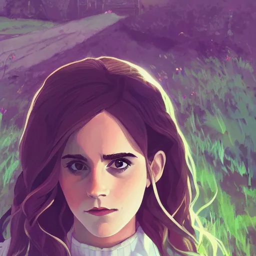 Image similar to portrait of Emma Watson as Hermione, dressed as Cleopatra, field of flowers background, rich vivid colors, ambient lighting, dynamic lighting, 4k, HQ, anime key visual, makoto shinkai, ilya kuvshinov, lois van baarle, rossdraws, detailed, trending on artstation