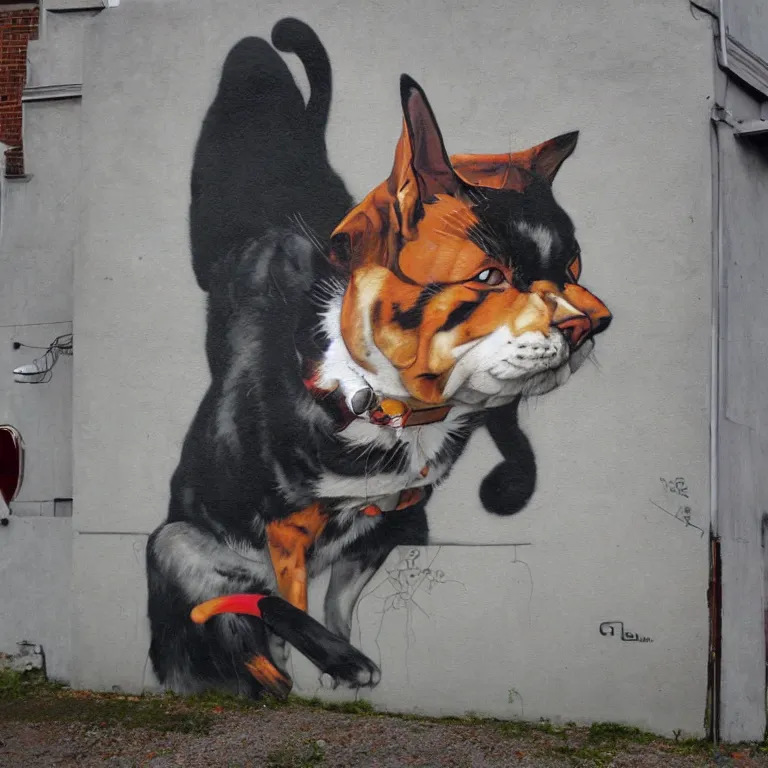 Image similar to Street-art portrait of cat-dog in style of Etam Cru, photorealism