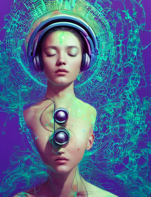 Image similar to 3 d goddess of music and 🔊 wide angle portrait with musical notes, headphones, subwoofers, and speakers. music, wave frequencies, cymatics. auditory symbiogenesis, synaesthesia, polyphonic communication, sonic projection, artwork by tooth wu and android jones wlop and android jones and beeple and greg rutkowski