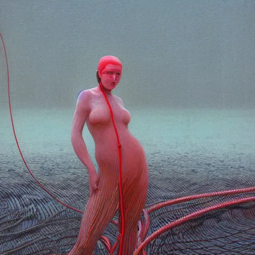 Image similar to portrait, shore of the lake, woman wrapped around by tubes and cables, glowing red, by edgar maxence and ross tran, zdzisław beksinski, and michael whelan, distant, gustav dore, h. r. giger, 8 k, octane render