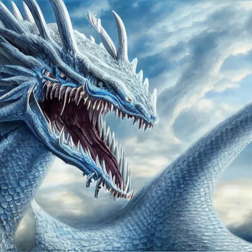 Image similar to a Blue eyed white dragon, epic background by Keith Thompson and Christopher Bretz, highly detailed, digital painting, HDRI, vivid colors, high contrast, 8k resolution, intricate, photorealistic, smooth