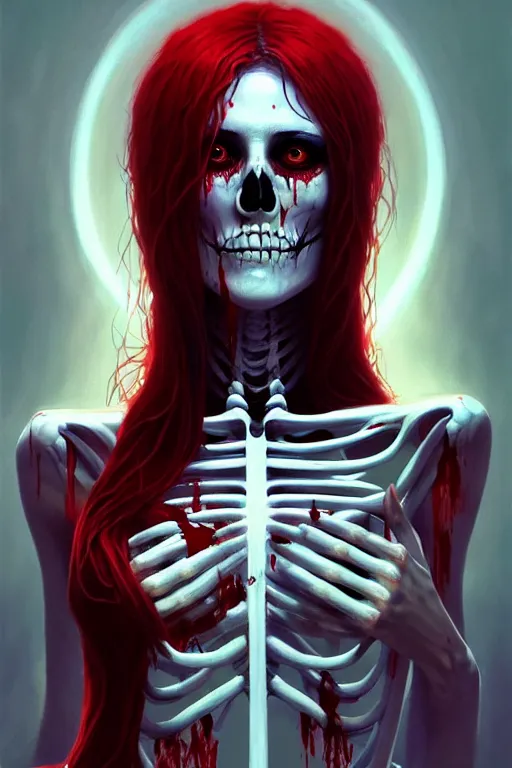 Prompt: extremely beautiful panting of goddess of the realm of the dead, half woman half skeleton, covered with blood, surrounded by skeletons, extremely high detailed face, artstation, by ilya kuvshinov, greg rutkowski and makoto shinkai, trending on artstation
