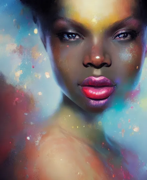 Prompt: fantastic amateur beautiful afro - american women with short hair into fluid infinity variations of colours mass, close - up, piotr jablonski, jeff dekal, jeff simpson, intricate details, hyperrealistic oil painting on canvas, deep depth field, hd, hdr, 4 k, 8 k