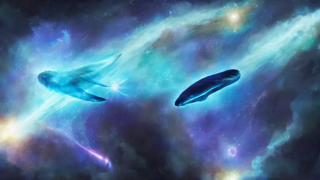 Image similar to Blue fire whale flying through a nebula, star dust, cosmic, magical, shiny, glow,cosmos, galaxies, stars, stunning, vivid colors, by andreas rocha and john howe, and Martin Johnson Heade, featured on artstation, featured on behance, golden ratio, ultrawide angle, hyper detailed, photorealistic, epic composition, wide angle, f32, well composed, UE5, 8k