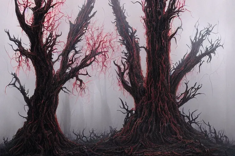 Prompt: Haunting horrifying hyperrealistic detailed painting of a huge tall ent creature sitting atop a mountain of flames in a foggy hellscape with spread out pools of crimson red gelatinous liquid and goop, eyeballs bulging, sparks of fire flying, dystopian feel, heavy metal, disgusting, creepy, unsettling, in the style of Michael Whelan and Zdzisław Beksiński, lovecraftian, hyper detailed, trending on Artstation