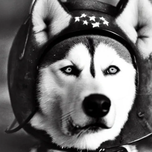 Image similar to close up of a husky wearing soldier helmet in the battle, ww 2 historical photography, black & white