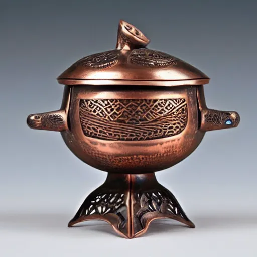 Prompt: A metal incense burner made of copper in the shape of a gourd. With delicate Japanese decorative carvings