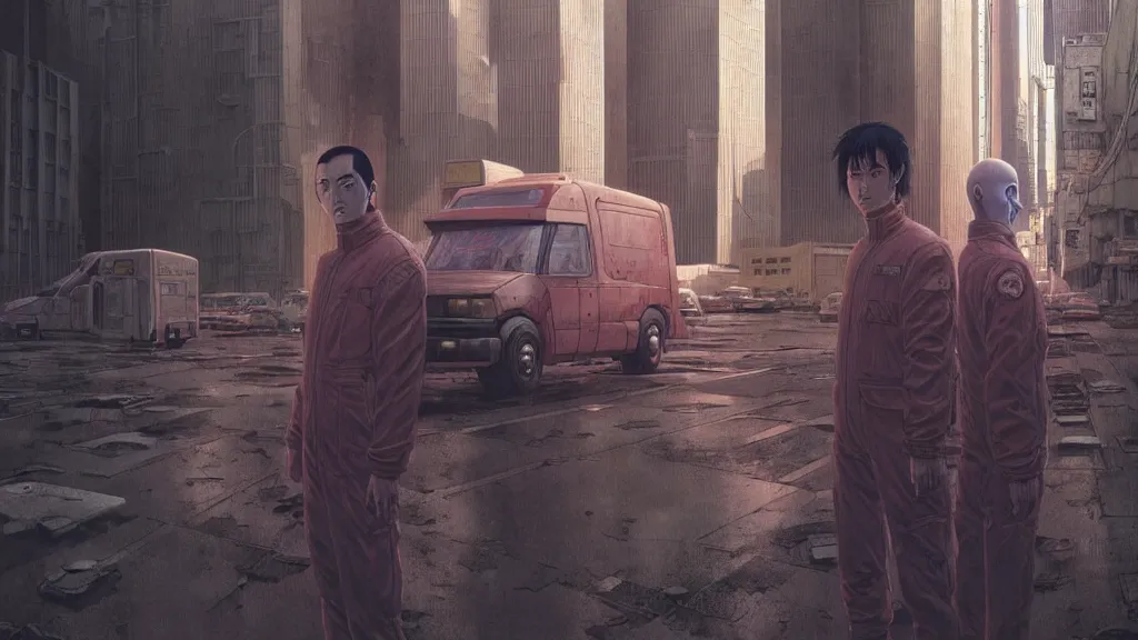 Image similar to realistic aesthetic highly detailed photography of characters in akira scene, characters with hyperrealistic highly detailed faces. from akira by katsuhiro otomo and and denis villeneuve and gregory crewdson style with many details by mike winkelmann and vincent di fate in sci - fi style. volumetric natural light hyperrealism photo on dsmc 3 system