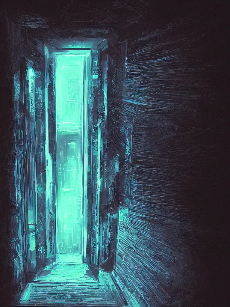 Prompt: a door at the end of a long dark staircase and corridor, futuristic, neon,